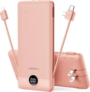 Portable Charger for iPhone Built in Cables and Wall Plug 10000mah Slim Fast Charging USB C Power Bank Travel Essential Battery Pack Compatible with iPhones iPad  More Devices(Pink)