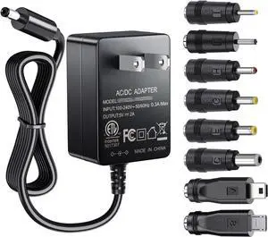 5V 2A Power Supply Adapter 10W AC100-240V to DC 5 Volt 2Amp Versatile Charger Cord with 8 Plugs for USB Hub TV Box Tablet Camera Speaker GPS Webcam Router and More 5vdc Electronics 5FT