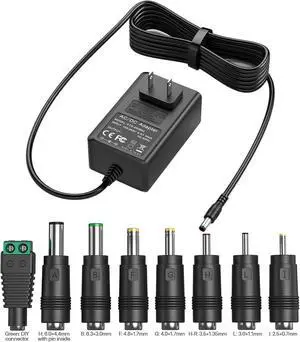 12V 2A Power Supply AC Adapter Replacement with 8 Tips Universal Regulated Regulated 12Volts 500mA-2000mA Power Supply Cord for LED Strip Light CCTV Camera BT Speaker GPS Webcam Router DVR