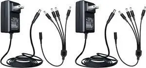 2 Pack 12V 2A 6ft Long Power Adapter AC 100-240V to DC 12V 2A (2000mA) & 4-Way Power Splitter Cable for CCTV Security Camera/DVR/NVR/LED Strip Lights UL Listed/FCC/CE Certificated