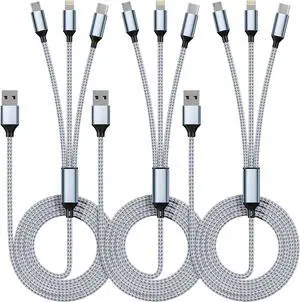 Multi Charging Cable(3Pack 4FT) 3 in 1 Charging Cable Nylon Braided Multiple USB Cable Universal Charging Cord with Type-C Micro USB and IP Port for Cell Phones and More