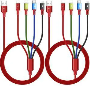 Multi Charging Cable 3.5A, [2Pack 6Ft] 4 in 1 Multiple Charging Cord Braided Multi USB Cable Adapter with Lightning/Type C/Micro Ports for Cell Phones/iPhone Series/Samsung Galaxy/PS/Tablets & More