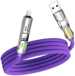 4 in 1 Multi Charging Cable - USB C A & Lightning Combo 5FT Purple Breathing Light Fast Charging for iPhone iPad Laptop