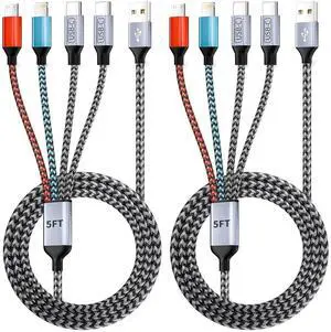 Travel Essentials Dual Type-C 4 in 1 Charging Cable Multi Charging Cable for Multiple Devices Unviersal USB Phone Charger with 2 USB-C/IP/Micro Port for iPhone16/15/14 Series/Android/Tablet/More