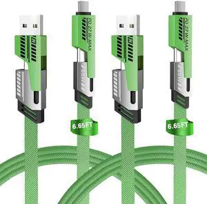 2Pack 4 in 1 Fast Charging Cable Transferring Data 6.65 Ft Braided Cable 65W USB C USB A and IP Multiple Charging Cable Compatible with iPhone/Pad/More (Green)