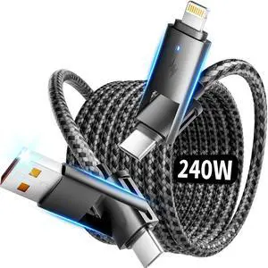 240w 4 in 1 Charging Cable Fast Charger USB C to Lightning Cable Braided USB to USB C Cable Travel Essential Multi Charging Cable for iPhone 16/15/14 Series/Pad/MacBook/Galaxy/Laptops and More[5FT]