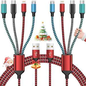 Multi Charging Cable 4 in 1 Charging Cable Charging Cables for Multiple Devices Nylon Braided Universal Charger Phone Charger Cord with 2 USB-C/IP/Micro USB Port for Cellphone/Tablets/More(2Pack 5FT)