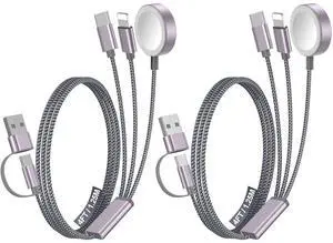 2Pack Multi Fast Charging Cable for Travel Vacation Essentials  Watch Charger iPhone Charger [3-in-2] USB A/Type C/Lightning Cable for iWatch iPhone 16-11 Nintendo Switch Airpods Home Office-4FT