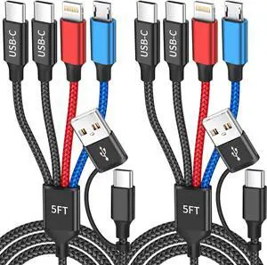 Travel 4 in 2 Charging Cable with Dual Type-C Port USBA/C Multi Charging Cable for Multiple Devices Tinned Copper Charger Cord for Phone16/15/14 Android Tablet Pad More (2Packs 5FT)