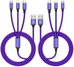 Multi Charging Cable(2Pack 4FT) Nylon Braided 3 in 1 Universal Charger Cable Multiple Charger Cord with Type-C/Micro USB and IP Port Compatible with Most Cell PhonesPurple