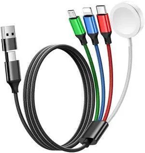 for  Watch Charger 4 in 2 Multi Charging Cable Type C/Lightning/Micro USB Nylon Braided Travel Vacation Essentials Compatible with iWatch Ultra/SE/10-1 for iPhone 16-11 Galaxy Phones(5FT)