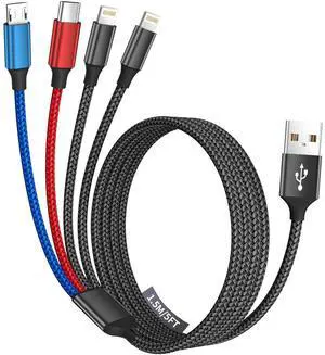 Travel 4 in 1 Charging Cable 5FT Multi Charging Cable for Multiple Devices USB Cables Phone Charger Cords with Dual IP/Type C/Micro USB Port for iPhone 16/15/14 Series Android Tablets Pad More