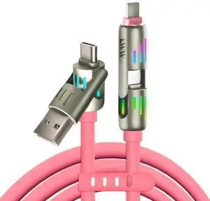 240W 4-in-1 USB C Multi Charger Cable with LED Indicator PD 5A Fast Charging & Durable Silicone USB-A USB-C iOS Connectors for iPhone  4FT (Pink)