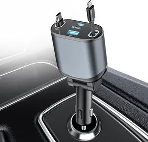 4 in 1 Retractable Car Charger USB C Fast Charging Adapter[Max80W] with USB-i Cable&Dual Charge Port Compatible with iPhone 16/15/14/13/12/11 Pro Max Plus/iPad/AirPods Galaxy Google GPSUSB-C/USB-i