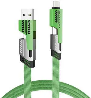 4-in-1 USB-C Cable PD 65W Fast Charging Cable & Data Sync Flat Braided Charger Cord with Type C/USB A for Laptop iPhone iPad MacBook  ect-5ft (Green)