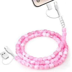 USB Cable for iPhone Beaded Phone Charger Cord 4 in1 USB Charge Cable 66W Fast Charging 3.3FT Stylish Durable Multi Beaded Charging Cord Girls Women for iPhone 16  S25 Ultra iPad Airpods Pink