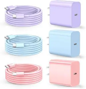 Compatible with Phone 16/15 Charge Fast Charging 20W USB C Wall Charger with 3Pack 10FT USB C Cable Type C Fast Charger Compatible with Phone/Android/Phone/Samsumg/Pad Purple Blue Pink