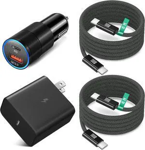 45W Super Fast Charger Type C for  Galaxy S25 Ultra USB and USB C Car Charger with 2X 6ft Braided Fast Charging Cord for Galaxy S25+ S24Ultra S23 S22 Tab S10 S9 - Black