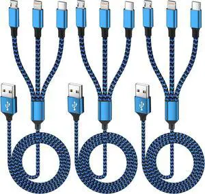 Multi Charging Cable(3Pack 4FT) 3 in 1 Charging Cable for Multiple Devices USB-A Multi Charger Cord with Type-C Micro USB and IP Port for iPhone 16/15/14/13/iPad/Android/Tablets and More