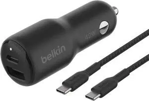 BoostCharge 42-Watt Dual Port Fast Car Charger w/30W USB-C & 12W USB-A Ports USB-C to C Cable Included for iPhone 16 16 Pro Galaxy S25 S24 Pixel 9 & 8 Nintendo Switch 2 & More - Black