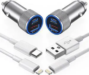 iPhone Car Charger 2Pack38W Dual Port USB C+QC3.0 [ MFi Certified] Fast Charging Cigarette Lighter iPhone Charger Car Adapter with2 PackLightning Cable for iPhone 14 13 Pro Max 12 11 X - Grey