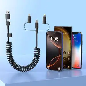 CarPlay Multi Coiled 5-in-1 USB A/Type C to USB-C/Lightning/Micro USB Short Car Cable Combo for  iPhone 4FT Fast Charge &Data Sync Charger Cord for iPhone 15/14/13/12 iPad  Pixel Android