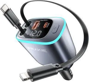 iPhone Car Charger Retractable Fast USB C Phone Charger 4 in 1 Cigarette Lighter Adapter with 2 Cables 30 Inch and 2 USB Ports Multi Port USB Car Charging for iPhone 16/15/14/13/Pro Max