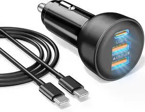 3-Port USB C Car Charger for iPhone 16/16e/15 Pro Max Plus 70W PD&QC Fast Charging USB-C&A Car Charger + USBC Cable for iPhone 15/16 iPad Galaxy Android Accessories Cigarette Lighter Adapter