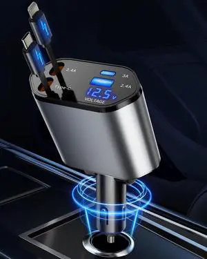 Retractable Car Charger 4 in 1 Fast Charging Car Charger USB-C & USB-A Compatible with iPhone 16/15/14/13/12/11/X Galaxy Pixel