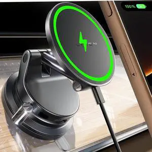 15W Magsafe Car Mount Charger[Lever Lock] Suction Cup Phone Holder [More PortableFlexible] 360° Vacuum Magnetic Car Phone Holder Charger Wireless for 17 iPhone 16 15 14 13 12 Pro Max Plus