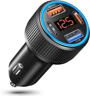 USB C Car Charger 65W Dual USB-C & USB-A Multi Port Cigarette Lighter Adapter with Voltmeter QC/PD 3.0 Fast Charging 12V Car Phone Charger for iPhone 16 15 14 13 12 11 Pro Max (Black)