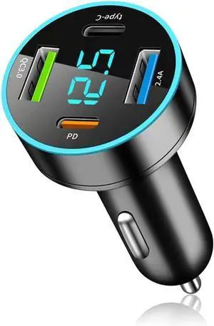 4 Ports Fast Car Charger [Upgrade Voltmeter Display] PD+QC3.0+USB C Car Charger for 12-24V Cigarette Lighter Plug Car Phone Charger Compatible with iPhone/Android//iPad (QC3.0+Type-C+PD+2.4A)