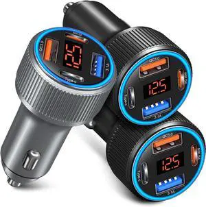 USB C Car Charger 3 Pack 65W Dual 12V Car Power Adapter with Voltmeter QC+PD 3.0 Multi Port Fast Charging Cigarette Lighter USB Charger for iPhone 16 15 14 13 12 Pad Pro Max Android(Black Gray)