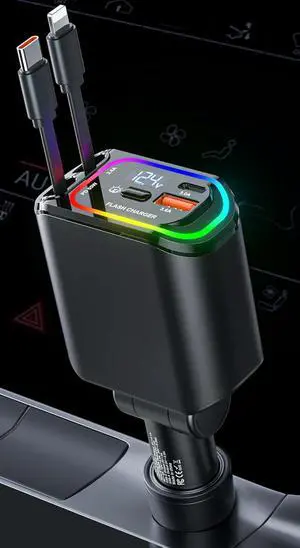 Compact Retractable Car Charger USB C 100W 4 in 1 Fast Charging Car Accessories Car Phone Charger with Retractable Cord(35.5in) and RGB Light for iPhone 16 15 14 13 12 11  Android Laptops