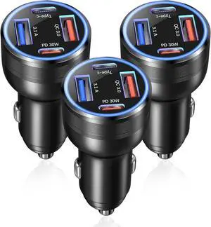 USB C Car Charger 65W 3 Pack 4-Port Fast Charging PD30W&QC3.0 Multiport Car Phone Charger 12v Cigarette Lighter USB Adapter for iPhone 16 15 14 13 12 Pro iPad  Galaxy S25 S24 Pixel 9