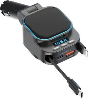 Retractable Car Charger 96W with Bluetooth Car Adapter 4 in 1 Fast Charging Radio Bluetooth 5.3 FM Transmitter Handsfree Calling USB C Phone car Charger Adapter for iPhone 16 15 14 13 12