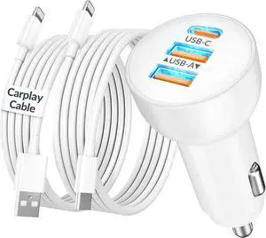 3-Port 70W Fast Car Charger for iPhone 14 13 12 11 Pro Max Plus Mini SE XR XS X 8 7 6 iPad 2Pack USB Carplay Cord &Lightnings Charging Cable and USB-C&A Car Charger Adapter Cigarette Lighter