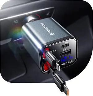 30W Retractable Car Charger 4 in 1 Fast Charging Adapter with Type-C & USB C Port 31.5 inch Retractable Cables Compatible with iPhone Android  Galaxy