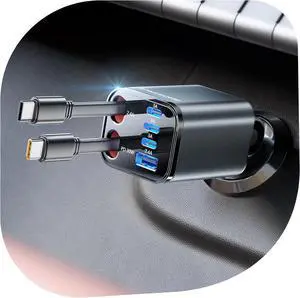 6 in 1 Retractable Car Charger with Dual Type C Cables 99W Ultra-Compact USB C Car Accessories Adapter with 4 USB Ports Fast Charging Car Charger for iPhone 16/15/14/13/12 Galaxy iPad