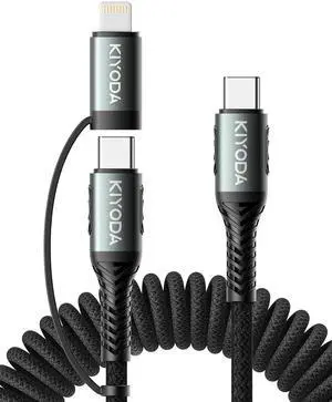 Coiled USB C to Lightning Cable 3FT 2 in 1 iPhone 15 Charger Cord for Car Nylon Braided Multi Type C to TypeC Fast Charging Cables for iPhone 15 14 13 12 11 iPad  Galaxy  - 1Pack