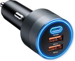 USB C Car Charger for iPhone 16 66W Car Cigarette Lighter Adapter USB Fast Car Charger PD 30W+Dual QC3.0 [Metal Shell] [Ambient Light] for iPhone 16 15 14 13 Pro Max  Galaxy Note Google Pixel