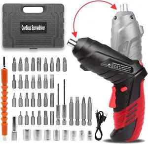 Cordless Power Screwdriver Electric Screwdriver Rechargeable Set Battery Powered Screwdriver Kit Including 46pcs Bits Pivoting Handle and LED Lights Small Drills Cordless (Red)