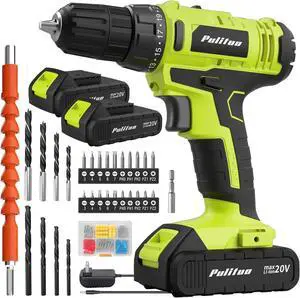S 20V Cordless Drill/Driver Electric Screwdriver - 2 Batteries 30Nm 21+1 Torque 2 Speed Keyless 3/8 Chase Drill with LED Light Kit for Home (Green)