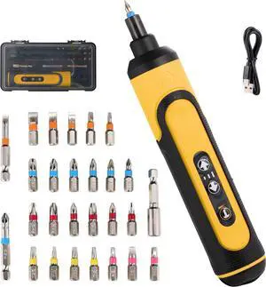 Electric Screwdriver Rechargeable 4V Cordless Screwdriver With 3 Gear Torque Adjustment and 26 Bits Extension Rod USB Charging Cable in Carrying Case Suitable for Furniture or Appliance Repair
