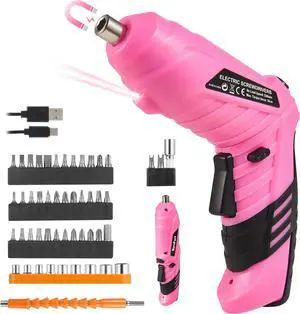 Pink Cordless Electric Screwdriver Set 3.7V Rechargeable Small Electric Drill with 48pcs Driver Bit Set Power 3Nm Screw Gun with 2 Position Handle Flexible Shaft LED Light for Women