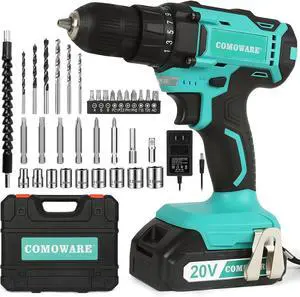 20V Cordless Drill Electric Power Drill Set with 1 Battery & Charger 3/8 Keyless Chuck 2 Variable Speed 266 In-lb Torque 25+1 Position and 34pcs Drill/Driver Bits