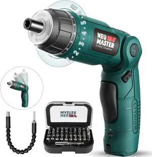 Cordless Screwdriver 4V Electric Screwdriver Rechargeable Power Screwdriver With Pivoting Handle Front And Rear LED light 32pcs Bits 6+1 Torque Setting 2000 mAh Battery Screwdriver