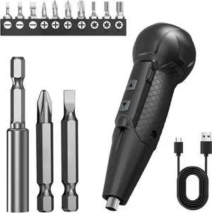 3.7V Cordless Electric Screwdriver Rechargeable portable Mini Rotary Home GadgetAutomatic Manual all in one with LED Light and USB- Type C Charging Cable Black
