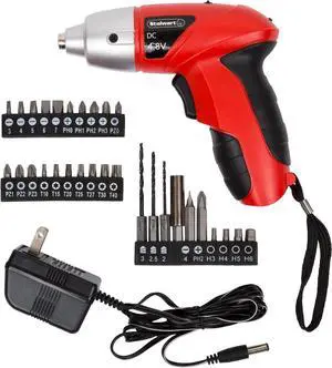 25-Piece Electric Screwdriver Set - Cordless Drill with LED Work Light Automatic Spindle Lock and Screw Driver Bits by (Red)