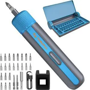 Tilswall 4V Cordless Electric Screwdriver 25pc S2 Steel Bits Blue Mini Power Screwdriver with 4-Level Torque Control 10N.m/260 RPM 2200mAh Battery & USB-C Charging for DIY and Home Repairs